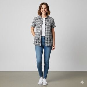 Alfred Dunner Floral Embroidered Button Up Shirt Under Shirt Womens 12 Gingham